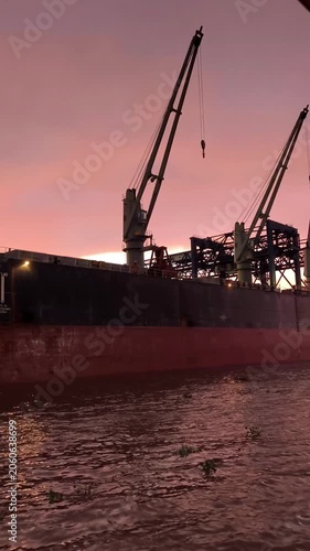 Silhouette of a large cargo ship with cranes in an industrial harbor at pink sunset, reflected on calm water. Maritime transport and shipping scene in free trade zone Barranquilla.