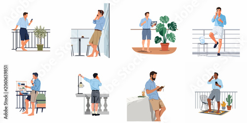 Tableau sur toile Collection of men working remotely from home on balconies and terraces, using digital devices in casual summer attire for a flexible lifestyle