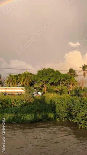 Serene tropical riverside landscape with dense green vegetation, palm trees, and a calm waterway under a dramatic cloudy sky with warm evening light.