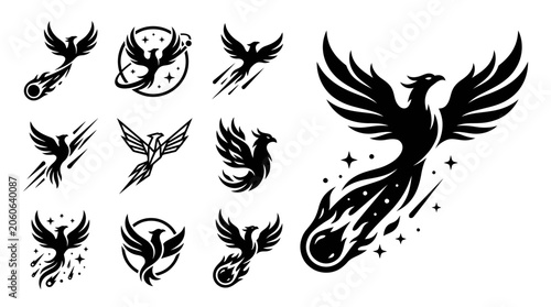 Obraz na plátně Phoenix Bird Icons Collection: Firebird, Mythology, Rebirth, and Transformation
