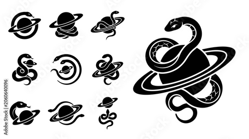 Vászonkép Cosmic Serpent Icons: Snake Wrapped Around Planet, Galactic Symbol Collection