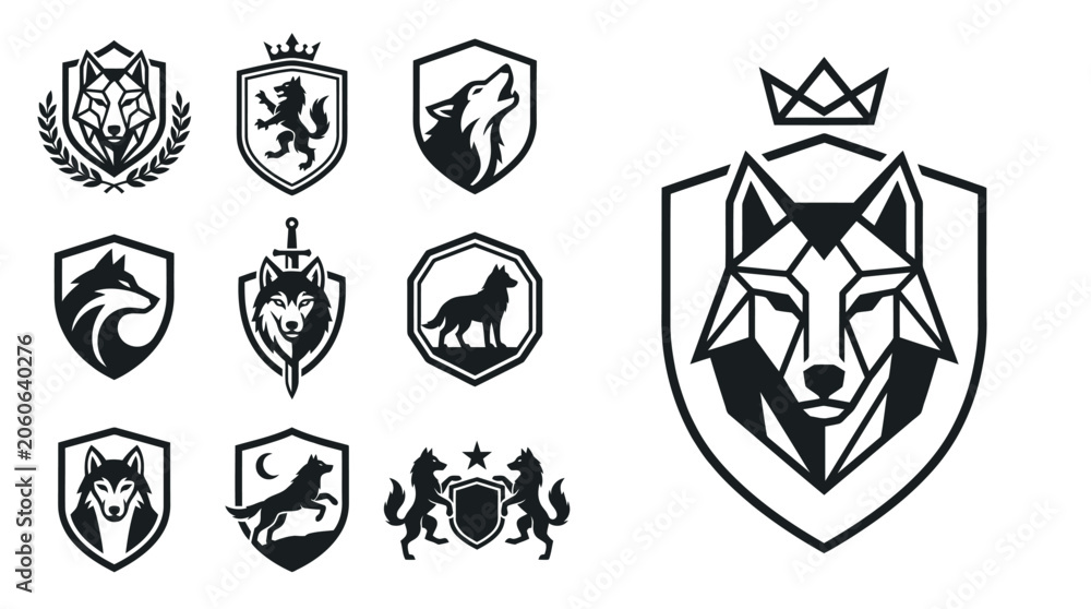 Obraz premium Wolf Crests and Shields Vector Icons: Modern Geometric and Classic Heraldic Designs