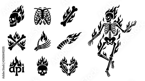 Tablou pe pânză Fiery Skeleton and Bones Icons: Skull, Ribcage, Hand, Crossed Bones, Burning Hum
