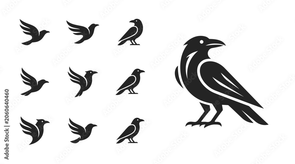 Obraz premium Crow Silhouette Collection: Flying and Perching Birds, Vector Icons