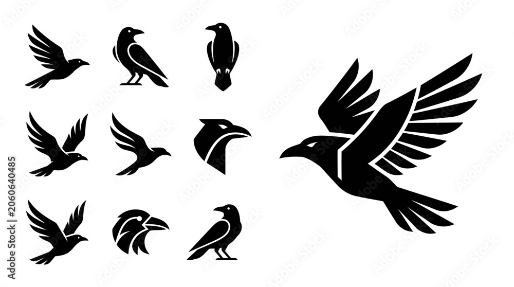 Obraz premium Black Silhouette Bird Icons: Flying Crows, Ravens, Eagle Head - Vector Set
