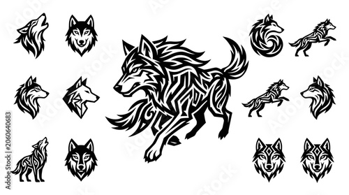 Canvastavla Tribal Wolf Tattoo Designs Collection: Dynamic Poses and Fierce Portraits