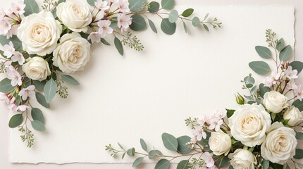 Elegant White Rose Floral Frame with Eucalyptus Greenery on Neutral Background – Romantic Wedding Invitation Template

