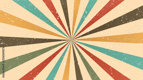 Vintage retro sunburst vector background with distressed texture and colorful sunbeams stripe design