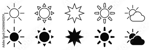 Sun and weather vector icon set. Minimalist outline and solid sunshine, summer, and partly cloudy symbols for interface design.