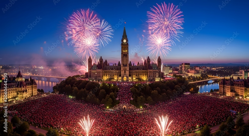 Naklejka premium Spectacular Canada Day fireworks illuminate Parliament Hill in Ottawa.