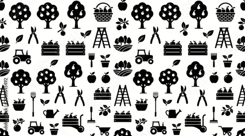 Foto Monochrome seamless pattern featuring trees, houses, boats, ladders and hills in a decorative silhouette style