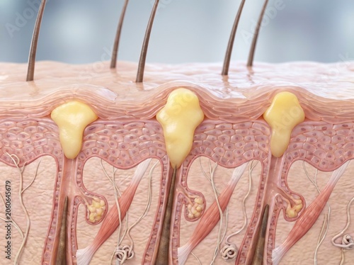 A cross-section illustration showing human skin layers with clogged pores and acne formation.
