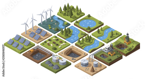 Slika na platnu Isometric Renewable Energy and Natural Resource Tiles for Game Design