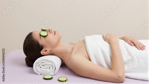 Woman relaxes with cucumber slices over eyes, wrapped in a white towel.