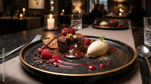 Chocolate petit gateau with guava jelly and vanilla ice cream served on a plate.
