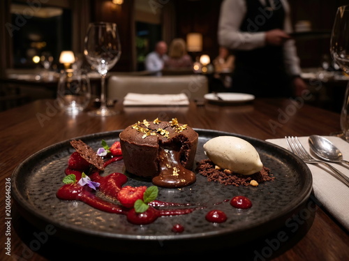 Chocolate petit gateau with guava jelly and vanilla ice cream served on a plate.