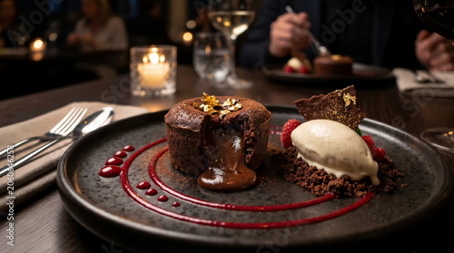 Chocolate petit gateau with guava jelly and vanilla ice cream served on a plate.