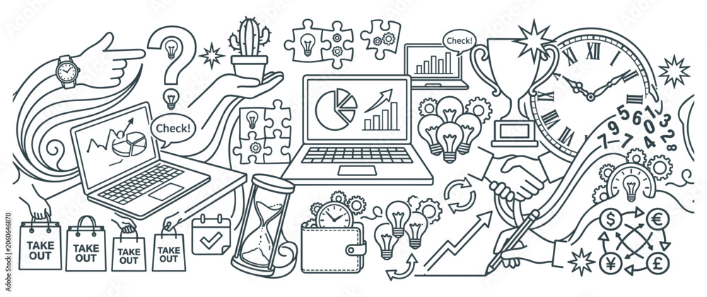 Obraz premium Business and strategy doodle illustration for marketing analytics and teamwork workflows.