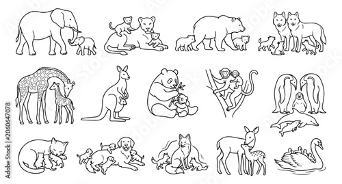 Photography Minimalist animal family line icons, wild animal mother and baby set, black outl