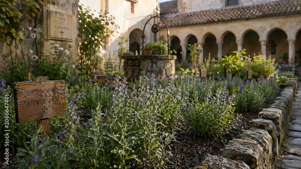 Fototapeta premium hyssop. Serene herb garden in an ancient monastery courtyard with dew. event programs, museum guides, cultural reports, designed for cultural heritage projects and event programs, used by professors.