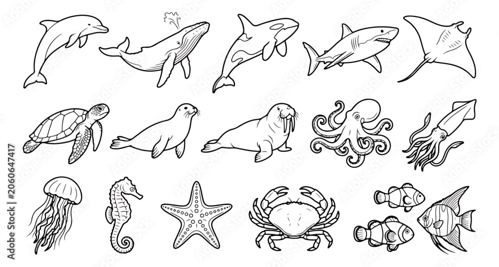 Fototapeta premium Sea animal line art collection, 15 ocean creature icons, black and white marine life vector set