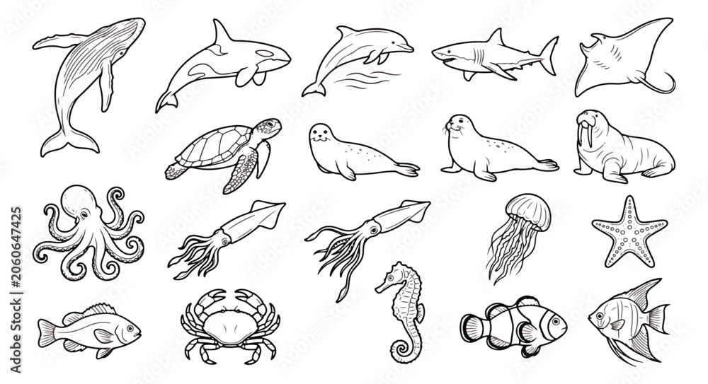 Fototapeta premium Hand drawn sea animals collection, 20 ocean life vector icons, black and white marine life set