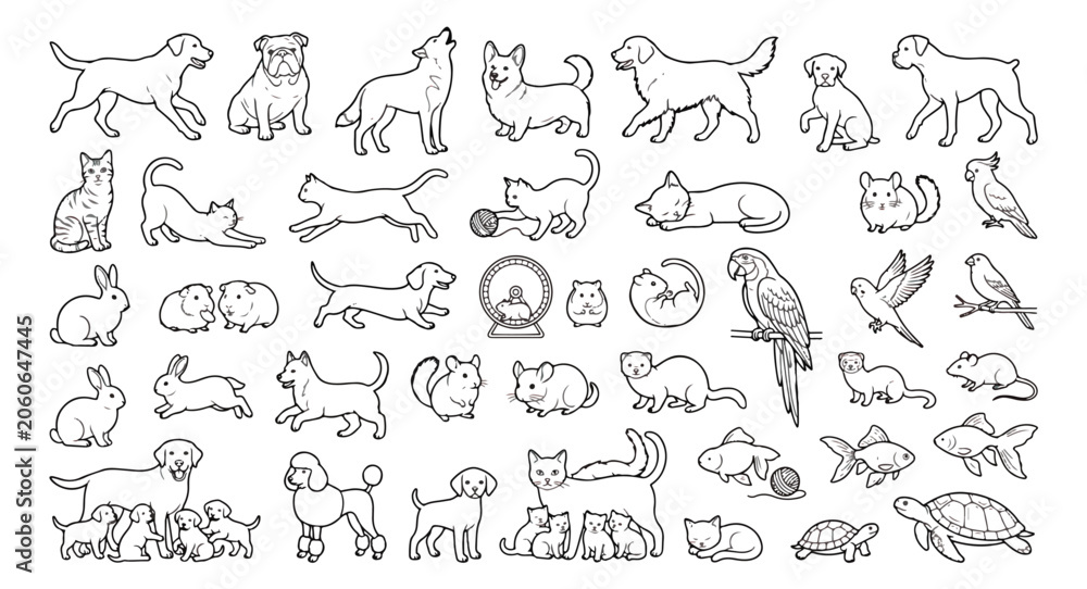 Fototapeta premium Minimalist pet line art icons, hand drawn animal vector set, simple black outline pet illustrations