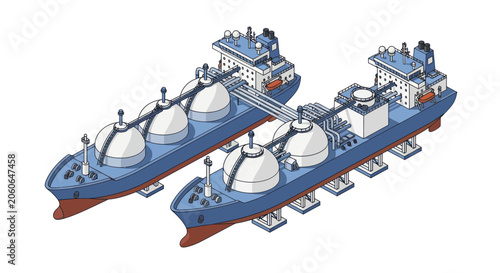 Foto Two large blue liquefied natural gas tankers docked side by side.