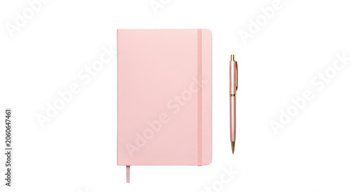 Pink notebook and matching pen on a desk isolated on transparent background