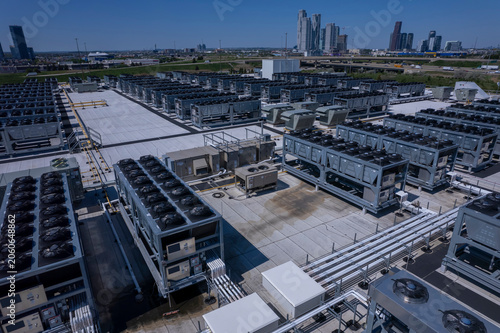 Bird view at datacenter. Data center is full of servers, networking gear, storage, power systems, cooling systems that store and process digital information