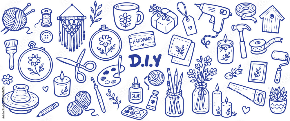 Naklejka premium DIY Doodle Outline Icon Set. Hand-Drawn Vector Illustration.