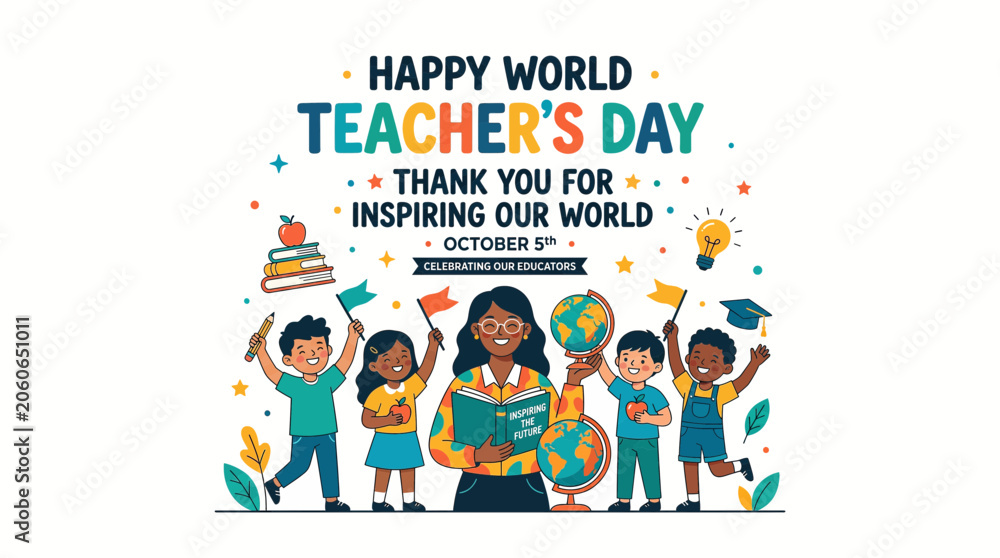 Fototapeta premium Happy World Teacher's Day illustration featuring a diverse group of children celebrating with their teacher, surrounded by educational symbols like books and a globe.