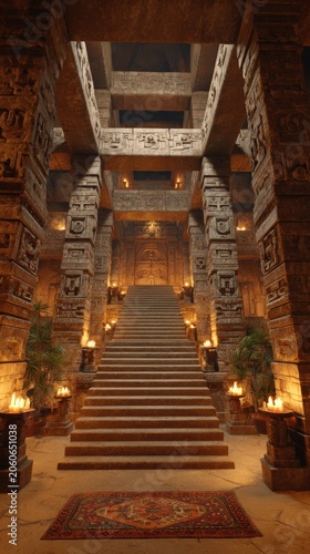 Maya Aztec civilization, Mexico culture. Mysterious, fantasy. A detailed, highresolution photograph of an ancient temple interior.