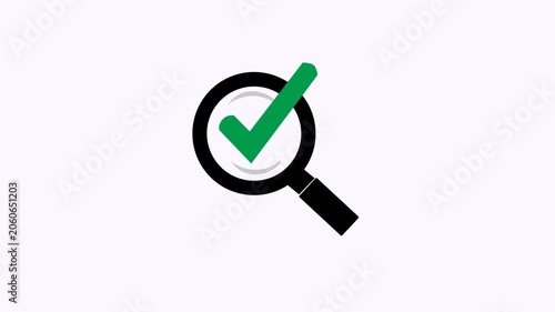 Black magnifying glass icon with bold green check mark, suitable for graphics related to search, success, confirmation, or verification themes.