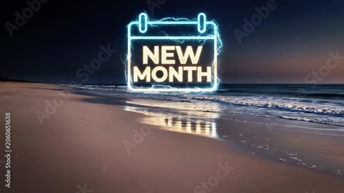 A serene beach at night with a neon sign reading 