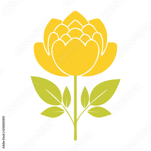Flat design yellow flower with green leaves on white background