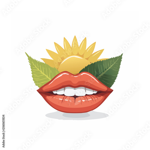 Red lips with sun and green leaves illustration
