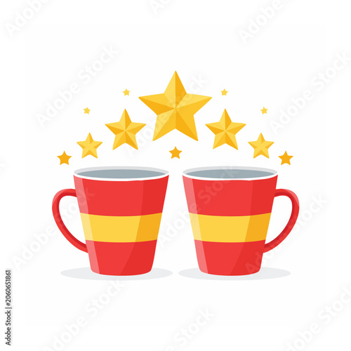 Two Red Coffee Cups with Yellow Stars and Steam