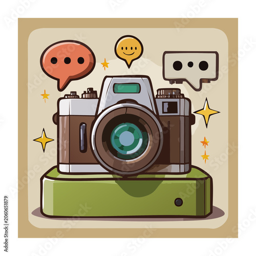 Vintage Camera with Speech Bubbles and Stars Illustration
