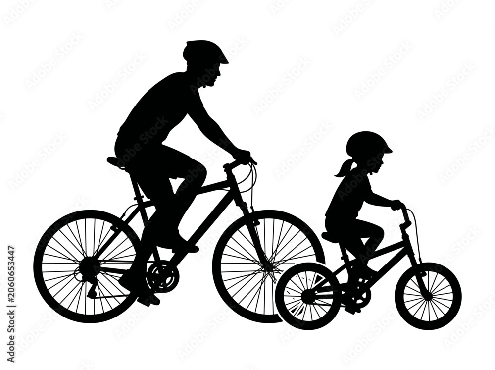 Obraz premium Father and child cycling together on bicycles in silhouette Silhouette