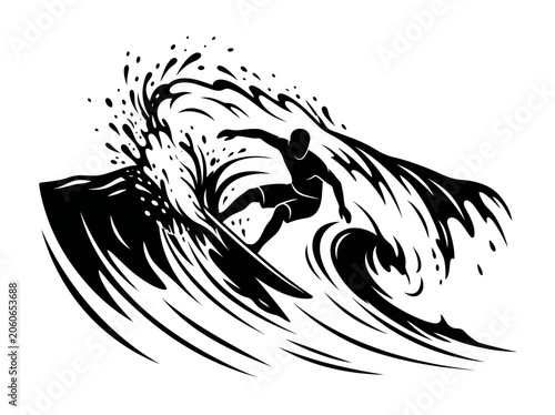 Surfer riding a large ocean wave with splashing water in a dynamic black and white illustration Silhouette