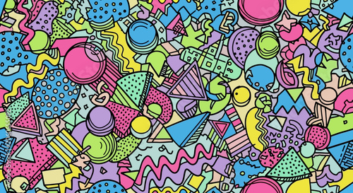 Retro 80s Memphis Style Pattern Background, Abstract Shapes and Colors