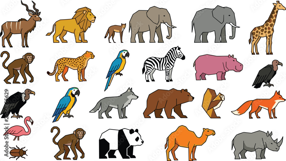 Obraz premium Cute Wild Animal Vector Character Collection with Safari, Jungle, Forest, Desert, and Polar Wildlife Elements for Kids Education and Book Illustrations