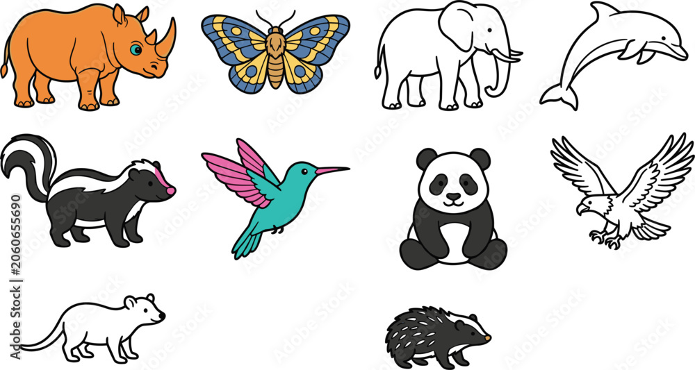 Obraz premium Cute Wildlife and Zoo Animal Cartoon Sticker Vector Set Featuring Rhino Panda Elephant Butterfly Dolphin and Eagle for Kids Educational Graphic Designs