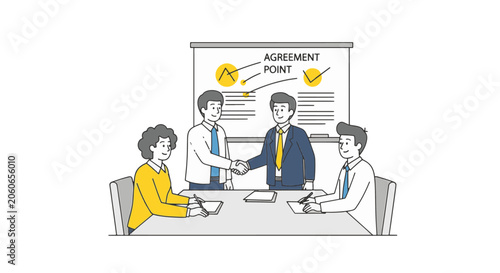 Business partners shaking hands in front of whiteboard with Agreement Point text, flat vector doodle illustration of professional team finalizing deal in office meeting.