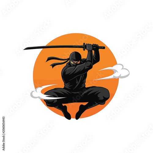 Vector illustration of a black-clad ninja warrior jumping with a katana sword held horizontally, featured against a circular orange sun and stylized white clouds on a plain white background.