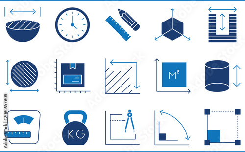 A set of icons related to Measurement. Measure, length, weight, graph, unit, area, volume, dimensions, and so on.