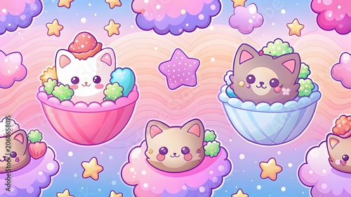 Cute kawaii cats in bowls with sweets and stars on pastel background