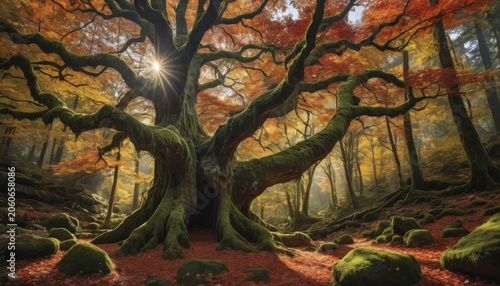 A majestic, moss-covered tree dominates an autumnal forest scene. Sunlight streams through the canopy, illuminating the vibrant foliage and exposed roots. Rocks covered in moss add to the enchanting atmosphere, AI generated