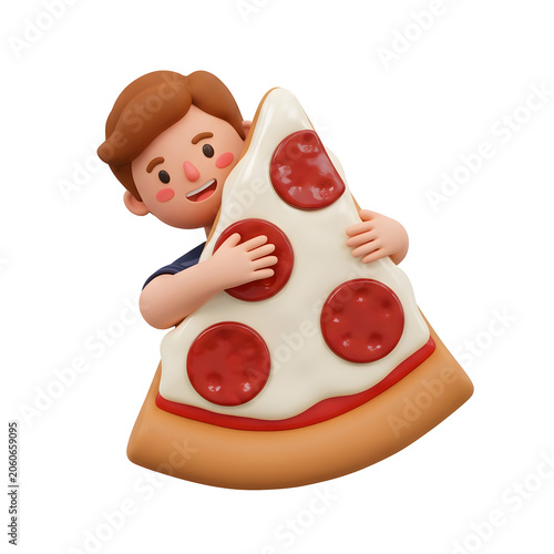 Cartoon Boy Hugging a Slice of Pizza